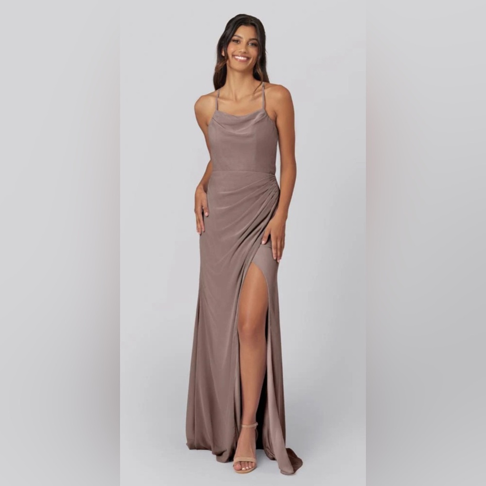 Brown Ruched Sleeveless Gown with Cowl Neck for Wedding